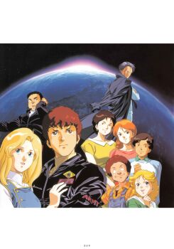 1990s_(style) 4girls 5boys absurdres aeug amuro_ray asian beltorchika_irma black_hair blonde_hair brown_hair earth_(planet) fraw_bow gundam hayato_kobayashi headset highres jacket kai_shiden katz_howan kikka_kitamoto kitazume_hiroyuki letz_cofan military_jacket mirai_yashima multiple_boys multiple_girls official_art orange_hair planet purple_hair raincoat red_hair retro_artstyle scan science_fiction traditional_media zeta_gundam