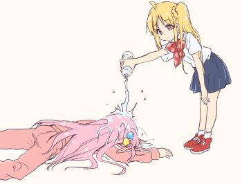 2girls ahoge blonde_hair blue_skirt bocchi_the_rock! bottle bow bowtie commentary_request cube_hair_ornament feet_out_of_frame flower full_body gotoh_hitori hair_ornament hair_spread_out highres holding holding_bottle ijichi_nijika jacket kuroi_mimei leaning_forward long_hair looking_at_another lying multiple_girls on_stomach pants pink_flower pink_hair pink_jacket pleated_skirt red_bow red_bowtie red_eyes school_uniform shimokitazawa_high_school_uniform shirt side_ponytail sidelocks simple_background skirt standing track_jacket track_pants very_long_hair water water_bottle wet wet_hair white_background white_shirt