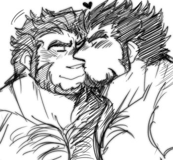 Rule 34 | 2boys, bara, beard, chest hair, closed eyes, commentary, couple, english commentary, facial hair, fire emblem, fire emblem: the sacred stones, garcia (fire emblem), gilliam (fire emblem), greyscale, heart, juggermelon, kiss, male focus, monochrome, multiple boys, muscular, muscular male, nintendo, short hair, sketch, upper body, yaoi