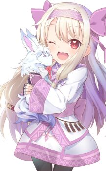 1girl ;d ainu_clothes black_gloves black_pantyhose bow commentary_request creature dress fate/grand_order fate_(series) fingerless_gloves fou_(fate) gloves hair_between_eyes hair_bow hairband illyasviel_von_einzbern licking licking_another's_cheek licking_another's_face light_brown_hair long_hair long_sleeves looking_at_viewer one_eye_closed open_mouth p_answer pantyhose pink_hairband purple_bow red_eyes simple_background sitonai_(fate) sitonai_(fate/grand_order) smile very_long_hair white_background white_dress wide_sleeves