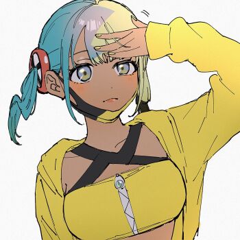 1girl adjusting_hair aqua_hair arm_up bandeau black_mask blonde_hair canari_(pokemon) center-flap_bangs criss-cross_straps dark-skinned_female dark_skin highres iwawa jacket mask mask_pull mouth_mask multicolored_hair nintendo pokemon pokemon_legends:_z-a short_twintails solo split-color_hair twintails two-tone_mask upper_body yellow_bandeau yellow_jacket yellow_mask
