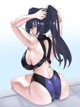 1girl absurdres ass backboob black_hair black_one-piece_swimsuit blue_eyes blue_one-piece_swimsuit breasts daaku_(koizumi_arata) highres hololive hololive_english large_breasts one-piece_swimsuit ouro_kronii ouro_kronii_(holonatsu_paradise) ponytail poolside sitting solo swimsuit two-tone_one-piece_swimsuit virtual_youtuber