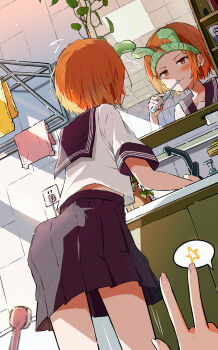 1girl 1other angry barefoot bathroom hairband half-soles highres holding holding_toothbrush looking_at_viewer mirror orange_eyes orange_hair original qiufengxiaose school_uniform short_hair soles solo_focus speech_bubble standing stirrup_legwear toeless_legwear toothbrush v