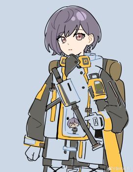 1girl absurdres arknights backpack bag bang_dream! bang_dream!_it&#039;s_mygo!!!!! blue_background character_doll closed_mouth coat cosplay doll earrings gloves grey_hair highres jewelry long_sleeves magallan_(arknights) magallan_(arknights)_(cosplay) pink_eyes short_hair simple_background smile solo takamatsu_tomori watermark weibo_watermark white_coat white_gloves wwfo_2