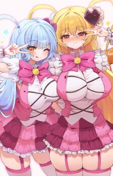 :3 :q absurdres blue_hair blush bow bowtie breast_on_breast breasts commentary don_quixote_(project_moon) dress e.g.o_(project_moon) garter_straps highres in_the_name_of_love_and_hate_(e.g.o) large_breasts limbus_company lobotomy_corporation lobotomy_corporation_(identity)_(project_moon) looking_at_viewer magical_girl nail_polish one_eye_closed orange_eyes pink_bow pink_bowtie pink_dress pink_nails project_moon queen_of_hatred saeda8e skindentation standing star_(symbol) thick_thighs thighs tongue tongue_out two_side_up v v_over_eye white_background yellow_eyes