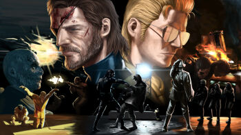 aircraft big_boss blonde_hair blood bodysuit brown_hair carrying carrying_person chico_(metal_gear) cut explosion eyepatch fire firing formal_clothes gun hat helicopter higa-tsubasa highres injury kazuhira_miller metal_gear_(series) metal_gear_solid_v:_ground_zeroes metal_gear_solid_v:_the_phantom_pain paz_ortega_andrade prisoner skull_face sneaking_suit soldier suit sunglasses weapon