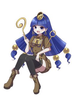 1girl black_thighhighs blue_eyes blue_hair boots brown_boots brown_shirt brown_shorts collared_shirt commentary_request earrings facial_mark fold-over_boots game_cg gold_buckle gold_headdress hair_ornament hakurei_frontier_spell_strive highres holding holding_scepter jewelry key_earrings long_hair looking_at_viewer michigami_nareko official_art scepter shirt short_sleeves shorts solo sphere_hair_ornament subaru_(subachoco) thighhighs third-party_source touhou transparent_background triangle triangle_facial_mark usekh_collar very_long_hair