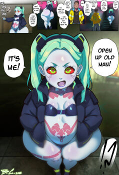 1boy 1girl ass bittercream breasts cyberpunk:_edgerunners cyberpunk_(series) highres looking_at_viewer navel open_mouth rebecca_(cyberpunk) small_breasts standing stomach talking thick_thighs thighs twintails