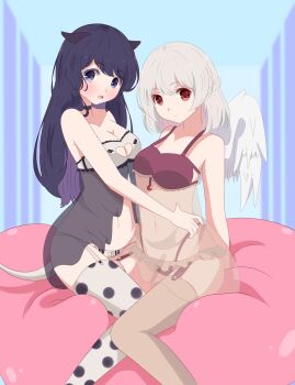 1girl animal_ears babydoll bad_id bad_twitter_id bandeau black_choker blob blue_background blue_eyes blue_hair blush bra braid breasts brown_thighhighs choker cleavage cleavage_cutout clothing_cutout commentary doremy_sweet feathered_wings feet_out_of_frame female_focus garter_straps half_up_braid heart_cutout highleg highleg_panties highres kishin_sagume long_hair medium_breasts navel no_headwear open_mouth panties polka_dot polka_dot_legwear purple_bra purple_panties red_eyes see-through_clothes short_hair silver_hair single_wing sitting smile solo stomach strapless symbol-only_commentary tail tapir_ears tapir_tail thighhighs touhou underwear white_panties white_thighhighs white_wings wings yukome