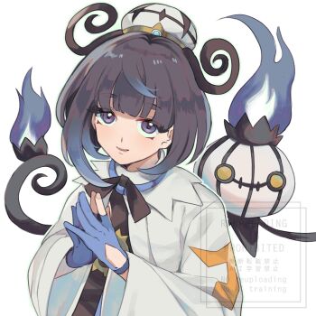 1girl black_hair blue_gloves blunt_bangs chandelure coat gen_5_pokemon gloves gradient_hair gwynn_(pokemon) hat highres long_sleeves looking_at_viewer multicolored_hair nintendo noboritoro parted_lips partially_fingerless_gloves pokemon pokemon_(creature) pokemon_legends:_z-a purple_eyes smile steepled_fingers upper_body white_background white_coat wide_sleeves