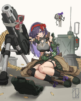 Rule 34 | 1girl, abs, ammunition belt, ammunition box, artist logo, artist name, astra militarum, black socks, boots, breasts, bullet necklace, camouflage, camouflage skirt, catachan jungle fighter, character doll, combat boots, combat knife, computer, doll, ferrus manus, gloves, green gloves, green sports bra, headband, heavy bolter, highres, jewelry, knee pads, knife, laptop, logo, long hair, mechanical arms, medium breasts, necklace, original, purity seal, purple eyes, purple hair, purple ribbon, radio, red headband, ribbon, serene ann rexian, servo-skull, single mechanical arm, skirt, smile, socks, sports bra, tripod, warhammer 40k, weapon, zephart