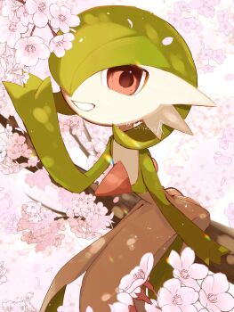 artist_name colored_skin floral_background flower gardevoir gen_3_pokemon green_skin hair_over_one_eye highres looking_at_viewer multicolored_skin nintendo petals pink_eyes pink_flower pink_petals pokemon pokemon_(creature) shiznar sitting sitting_on_branch smile two-tone_skin white_skin