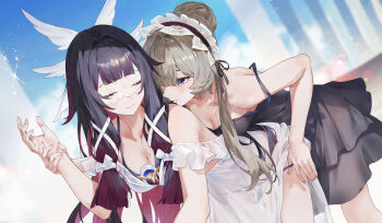 2girls absurdres alternate_costume bare_shoulders black_dress black_hair black_panties breasts brown_hair cleavage closed_eyes closed_mouth colored_inner_hair columbina_(genshin_impact) dress genshin_impact headdress highres holding_hands long_hair looking_at_another medium_breasts multicolored_hair multiple_girls panties parted_lips pink_hair sandrone_(genshin_impact) see-through_clothes sleeveless sleeveless_dress small_breasts smile swkl:d two-tone_hair underwear undressing_another white_dress yuri