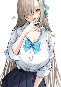1girl asuna_(blue_archive) asuna_(school_uniform)_(blue_archive) blue_archive blue_bow blue_bowtie blue_nails blue_ribbon blue_skirt bow bowtie collared_shirt hair_ornament hair_ribbon hand_up heart higher_resolution_available highres long_sleeves looking_at_viewer nail_polish one_eye_covered pleated_skirt ribbon shirt shirt_tucked_in simple_background skirt sky-freedom smile solo tongue tongue_out white_background white_shirt