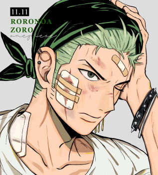 1boy adam&#039;s_apple arm_up bandaid bandana blood blood_on_face bracelet character_name commentary crew_neck dated ear_piercing earrings gauze gauze_on_cheek gauze_on_neck green_bandana green_hair grey_background grey_eyes hand_on_own_head highres jewelry jjerri00 male_focus medium_sideburns one_eye_closed one_piece piercing roronoa_zoro sanpaku shirt short_hair simple_background solo spiked_bracelet spikes white_shirt
