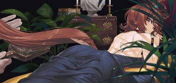 Rule 34 | 1girl, agnes tachyon (umamusume), animal ears, backless dress, backless outfit, bare arms, bare back, bare shoulders, black dress, blush, brown hair, closed mouth, dress, from behind, highres, horse ears, horse girl, horse tail, lying, on stomach, red eyes, sarcophage, short hair, sleeveless, sleeveless dress, smile, solo, strapless, strapless dress, tail, umamusume