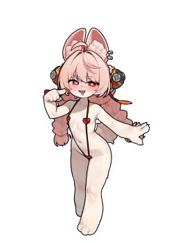 1girl absurdres animal_ears blush body_fur braid bright_pupils drooling flat_chest full_body furry furry_female heart heart-shaped_pupils highres loli long_hair looking_at_viewer pink_hair rabbit_ears rabbit_girl red_eyes red_slingshot_swimsuit sangobob slingshot_swimsuit solo standing swimsuit symbol-shaped_pupils twin_braids variant_set white_fur white_pupils zenless_zone_zero zhao_(zenless_zone_zero)