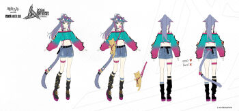 1girl ambience_synesthesia animal_ears arknights bare_shoulders belt cat_ears cat_girl cat_tail chewing_gum chinese_commentary commentary_request copyright_logo copyright_notice eyewear_on_head facing_away high_ponytail highres jessica_(arknights) jessica_the_liberated_(arknights) kieed logo midriff multicolored_hair multiple_views navel official_alternate_costume official_art ponytail puffy_sleeves purple_hair reference_sheet shorts streaked_hair tail