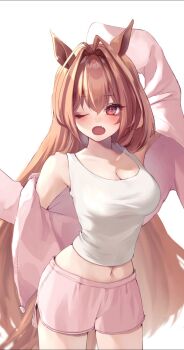 Rule 34 | 1girl, ;o, alternate costume, animal ears, arm up, breasts, brown hair, cleavage, collar, commentary request, cowboy shot, daiwa scarlet (umamusume), fang, hair down, highres, horse ears, horse girl, jacket, large breasts, long hair, long sleeves, looking at viewer, navel, one eye closed, open mouth, pink jacket, pink shorts, red eyes, shorts, simple background, skin fang, solo, tank top, umamusume, very long hair, white background, white tank top, yamaro (yamaro0), yawning, zipper