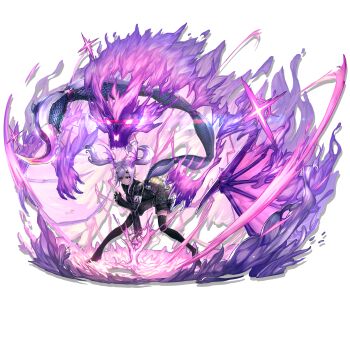 1girl absurdres arknights armband ass bandaged_leg bandages bat_wings belt black_boots black_gloves black_leotard black_shorts blush boots buckle cloak clothes_writing collared_leotard crop_top floating_hair full_body glint gloves glowing glowing_eyes gold hair_ornament hairclip head_wings highres jewelry leaning_forward leotard long_hair long_sleeves looking_at_viewer manticore_(arknights) manticore_(elite_ii)_(arknights) necklace necktie official_art originium_arts_(arknights) pants parted_lips pointy_ears purple_eyes purple_hair purple_necktie purple_theme rhodes_island_logo_(arknights) ryuuzaki_ichi scorpion_tail see-through_clothes see-through_legwear see-through_pants short_shorts shorts sidelocks solo tail thigh_boots thighhighs transparent_background twintails very_long_tail wings