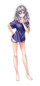 1girl amakano_2 bare_legs barefoot blue_eyes blue_hoodie blush breasts closed_mouth dashed_eyes drawstring grey_hair hair_between_eyes hair_down hand_on_own_hip hand_up hood hood_down hoodie jigokudani_sara large_breasts legs looking_at_viewer medium_hair messy_hair mole mole_under_eye official_art piromizu short_shorts shorts simple_background sleepy solo squeans standing white_background white_shorts