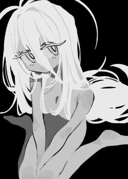1girl breasts expressionless greyscale hair_between_eyes hair_over_breasts highres long_hair looking_at_viewer monochrome nude original sakakitamo sitting sketch small_breasts solo very_long_hair wariza