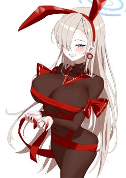 Rule 34 | 1girl, absurdres, asuna (blue archive), bangko, black bodystocking, blonde hair, blue archive, blue eyes, blue halo, blush, breasts, christmas, cleavage, commentary request, covered navel, earrings, grin, hair over one eye, halo, highres, holding, holding ribbon, jewelry, large breasts, long hair, looking at viewer, naked ribbon, rabbit pose, red ribbon, ribbon, smile, solo, very long hair