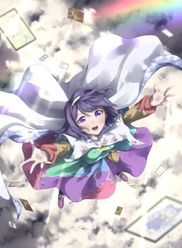 1girl ability_card_(touhou) absurdres blue_hair boots cape cirno cloak cloud cloud_print cloudy_sky commentary_request dress flandre_scarlet floating_hair flying from_above hairband highres multicolored_dress multicolored_hairband open_mouth otomeza_ryuseigun outstretched_arms patchwork_clothes pink_boots pointing pointing_down purple_eyes rainbow rainbow_gradient short_hair sky sky_print solo tenkyuu_chimata touhou white_cape white_cloak yellow_bag zipper
