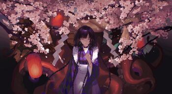 1girl apron arm_up black_hair blunt_bangs bracelet braid checkered_clothes cherry_blossoms choker cross cross_earrings earrings flower frilled_apron frills highres japanese_clothes jewelry kaido_jun kimono lantern long_hair long_sleeves multiple_braids original paper_lantern pink_eyes slit_pupils squid tentacles tree very_long_hair wide_sleeves