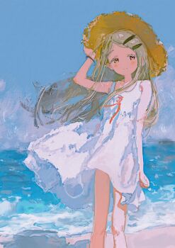 1girl adjusting_clothes adjusting_headwear blue_sky blush character_name chi_(luckyeric320) clear_sky closed_mouth clothes_lift colored_eyelashes dress dress_lift feet_out_of_frame floating_hair gakuen_idolmaster grey_hair hair_ornament hairclip hat highres horizon idolmaster long_hair looking_at_viewer ocean orange_eyes outdoors parallel_hairclips parted_bangs red_ribbon ribbon shinosawa_hiro shore sky smile solo split_mouth standing straw_hat sun_hat sundress textless_version waves white_dress wind wind_lift wristband