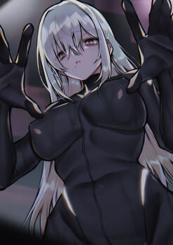 1girl absurdres black_bodysuit bodysuit breasts commentary_request grey_eyes grey_hair hair_between_eyes highres impossible_bodysuit impossible_clothes long_hair looking_at_viewer medium_breasts mole mole_under_eye mole_under_mouth original solo yoineya