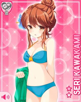 1girl bikini blue_bikini brown_eyes brown_hair card_(medium) character_name embarrassed flower girlfriend_(kari) green_hoodie hair_flower hair_ornament hood hooded_jacket hoodie jacket kawakami_seri looking_at_viewer navel official_art pink_background qp:flapper raised_inner_eyebrows solo swimsuit unworn_clothes