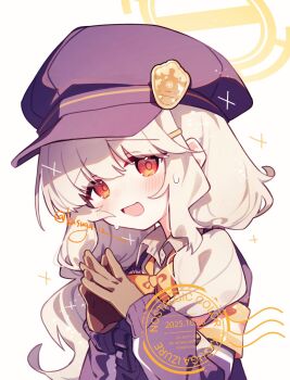 1girl :d aoba_(blue_archive) blonde_hair blue_archive bow bowtie hair_ornament hairpin halo hat highres jacket kasuga_haruhi long_hair long_sleeves open_mouth own_hands_together red_hair simple_background smile solo sweatdrop twitter_username upper_body yellow_background yellow_halo
