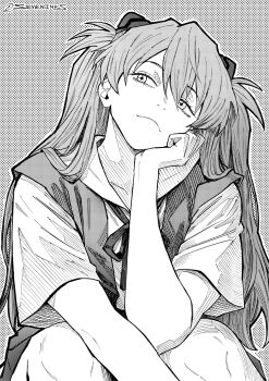 1girl commentary greyscale hatching_(texture) head_rest head_tilt highres interface_headset_(evangelion) linear_hatching monochrome neon_genesis_evangelion school_uniform seveninks sitting solo souryuu_asuka_langley tokyo-3_middle_school_uniform two_side_up