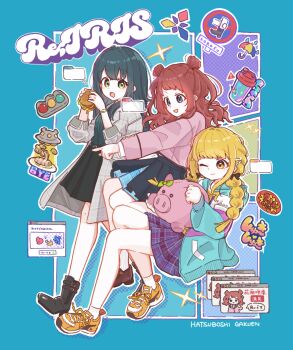 Rule 34 | 3girls, :d, ;), black overskirt, blazer, blonde hair, blue skirt, braid, brown hair, burger, coat, commentary request, food, fujita kotone, full body, gakuen idolmaster, green hair, grey coat, group name, hair rings, hanami saki, hatsuboshi gakuen school uniform, highres, holding, holding burger, holding food, idolmaster, jacket, looking ahead, maashiiya, multicolored jacket, multiple girls, one eye closed, open mouth, outline, pink jacket, plaid clothes, plaid skirt, pointing, re;iris (idolmaster), school uniform, skirt, smile, super stamina drink (gakuen idolmaster), traffic light, tsukimura temari, twin braids, ufo, white outline