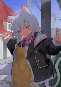 Rule 34 | 1girl, animal, animal ears, blue sky, bow, bowtie, building, cat, cat ears, cat girl, cat tail, colored inner hair, commentary request, dress, fang, grey hair, highres, looking at animal, medium hair, multicolored hair, open mouth, outdoors, outstretched arms, pink bow, pink bowtie, pink hair, pocche-ex, power lines, sailor collar, sayo (voicevox), skin fang, sky, solo, spread arms, tail, utility pole, voicevox, webp-to-png conversion