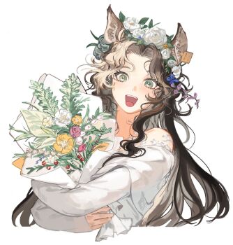 1girl :d animal_ears bare_shoulders bouquet brown_hair commission crop_top deer_ears deer_girl ear_tag flower flower_wreath green_eyes head_wreath highres holding holding_bouquet hugging_object ing_(ing205509) jessica_(reverse:1999) long_hair open_mouth reverse:1999 shirt smile solo upper_body white_background white_flower white_shirt