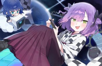 Rule 34 | 2girls, a-chan (hololive), absurdres, bibi (tokoyami towa), blue eyes, blue hair, camera, cloud, fang, game controller, glasses, green eyes, hakama, hakama skirt, headset, highres, holding, holding camera, hololive, japanese clothes, joy-con, mario (series), mario kart, multiple girls, nintendo, purple hair, rainbow road, skirt, space, tokoyami towa, tokoyami towa (new year), useq1067, virtual youtuber