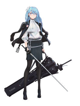 1girl :/ absurdres also_sprach_zarathustra_(neco) ankle_boots belt belt_pouch black_boots black_gloves black_jacket black_pantyhose black_skirt blue_eyes blue_hair boots bright_pupils buttoned_cuffs buttons capelet chinese_commentary closed_mouth commentary_request crossed_bangs derivative_work earrings expressionless flower full_body gloves grey_belt hair_flower hair_ornament hairclip highres holding holding_sword holding_weapon jacket jacket_on_shoulders jewelry lapels light_blush linnnp long_hair looking_to_the_side miniskirt neck_ribbon notched_lapels pantyhose partially_fingerless_gloves pleated_skirt pouch puffy_sleeves rapier ribbon s_(neco) shirt shirt_tucked_in simple_background skirt sleeve_cuffs solo sword tachi-e three-quarter_sleeves upturned_eyes weapon weapon_case white_background white_capelet white_flower white_ribbon white_shirt yellow_pupils