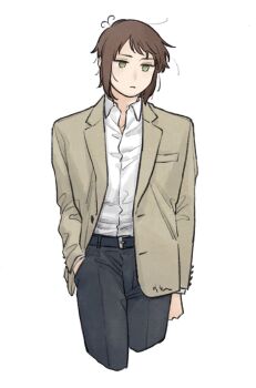 1boy axis_powers_hetalia belt black_belt black_pants breast_pocket brown_hair brown_jacket buttons closed_mouth collared_shirt commentary_request cowboy_shot empty_eyes formal_clothes green_eyes half-closed_eyes hand_in_pocket highres jacket lapels lithuania_(hetalia) long_sleeves looking_afar male_focus messy_hair mi_aph_to pants pocket shirt short_hair simple_background solo standing white_background white_shirt