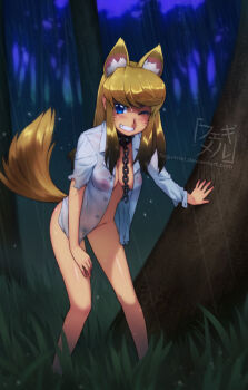 1girl animal_ears blonde_hair blue_eyes breasts chain cleavage collar feguimel liru long_hair naked_shirt nipples one_eye_closed open_clothes open_shirt rain renkin_san-kyuu_magical_pokaan see-through_clothes shirt smile tail wink wolf_ears wolf_tail
