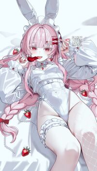 Rule 34 | 1girl, :p, absurdres, akadajohnson02, animal ears, artist name, bed sheet, bow, candy, commentary request, fake animal ears, fishnet pantyhose, fishnets, food, frilled thigh strap, hair bow, hat, highres, holding, holding candy, holding food, holding lollipop, leotard, lollipop, long hair, nail polish, original, pantyhose, pink hair, playboy bunny, qr code, rabbit ears, red bow, red eyes, red nails, shrug (clothing), single leg pantyhose, solo, straw hat, thigh strap, tongue, tongue out, white background, white headdress, white leotard, white shrug