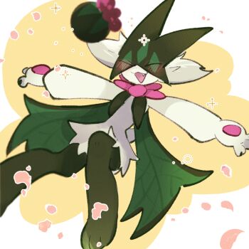 :d animal_hands blush closed_eyes fang flower full_body furry green_fur green_hair looking_at_viewer meowscarada nintendo open_mouth other_focus outstretched_arms pawpads pink_flower pink_petals pokemon pokemon_(creature) short_hair short_tail simple_background smile solo sstoh standing tail two-tone_fur yellow_background