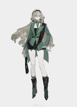 1girl absurdres bare_legs black_boots black_bow black_hair black_shorts boots bow braid chinese_commentary coat collarbone commentary ef88_(girls&#039;_frontline) floating_hair full_body girls&#039;_frontline green_coat green_eyes green_neckerchief grey_background grey_socks hair_bow hair_over_one_eye hair_over_shoulder hairband high_heel_boots high_heels highres long_hair looking_to_the_side meru02295238 micro_shorts neckerchief prototype_design shorts simple_background socks solo striped_clothes striped_socks tailcoat vertical-striped_clothes vertical-striped_socks watermark weibo_username weibo_watermark