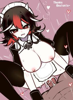 1boy 1girl absurdres alternate_costume apron black_bow black_bowtie black_dress black_hair black_thighhighs blush bow bowtie breasts bright_pupils chinese_commentary commentary_request cone_horns cowgirl_position cum cum_in_pussy cum_overflow dress ejaculation enmaided feet_out_of_frame girl_on_top hetero highres horns kijin_seija large_breasts looking_at_viewer maid maid_headdress multicolored_hair nipples open_mouth penis pov pov_crotch purple_background pussy red_eyes red_hair sex shen_bi_ren_(user_rjgy2824) short_hair small_horns smile solo_focus straddling streaked_hair thighhighs touhou uncensored vaginal variant_set waist_apron white_apron white_hair white_pupils