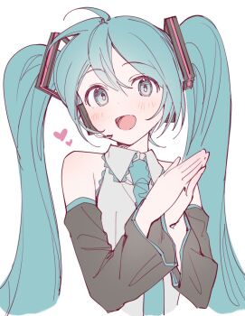 1girl :d ahoge aqua_hair aqua_necktie blue_eyes blush collared_shirt cropped_torso detached_sleeves double-parted_bangs frilled_shirt frilled_shirt_collar frills grey_shirt hair_between_eyes hatsune_miku headphones headset heart long_hair looking_at_viewer necktie open_mouth own_hands_clasped own_hands_together rakugaki_ningen shirt sidelocks simple_background sleeveless sleeveless_shirt smile solo twintails upper_body vocaloid white_background