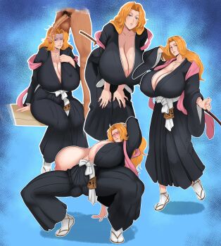 1boy 1girl absurdres bleach blue_eyes breasts cleavage hetero highres huge_breasts ignotoz japanese_clothes long_hair looking_at_viewer matsumoto_rangiku multiple_views orange_hair penis penis_on_head pink_shawl sandals shawl shihakusho smegma socks testicles white_socks zanpakutou