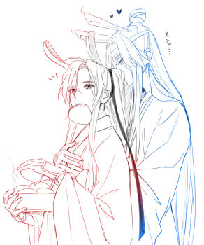 Rule 34 | 2boys, ahoge, animal ears, chinese clothes, commentary request, couple, eating, food, food in mouth, hair ribbon, hands on another's chest, hanfu, headband, heart, height difference, holding, holding food, hug, hug from behind, kemonomimi mode, lan wangji, long hair, long sleeves, looking at another, modao zushi, monochrome, mouth hold, multiple boys, notice lines, ponytail, rabbit boy, rabbit ears, ribbon, robe, sidelocks, simple background, spot color, steamed bun, topknot, upper body, very long hair, wei wuxian, white background, wide sleeves, ykmr (haga)