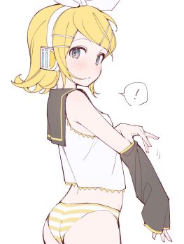 ! 1girl ass black_sailor_collar black_sleeves blonde_hair blue_eyes blush bow breasts detached_sleeves hair_bow hair_ornament hairclip headphones highres kagamine_rin looking_at_viewer open_mouth panties parallel_hairclips rakugaki_ningen sailor_collar shirt short_hair simple_background sleeveless sleeveless_shirt small_breasts striped_clothes striped_panties underwear undressing vocaloid white_background white_bow