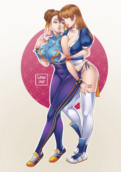 Rule 34 | 2girls, absurdres, aqua eyeshadow, blue panties, blue shirt, bracelet, breasts, brown eyes, brown hair, capcom, chun-li, commentary, covered erect nipples, crossover, dead or alive, eyeshadow, female focus, full body, grabbing another's breast, grabbing from behind, groping, hair bun, highres, jewelry, kasumi (doa), large breasts, lena dai, long hair, looking at another, makeup, matching hair/eyes, multiple girls, panties, pants, parted lips, photoshop (medium), puffy short sleeves, puffy sleeves, purple pants, shirt, short hair, short sleeves, side-tie panties, spiked bracelet, spikes, street fighter, thighhighs, underwear, white thighhighs, yuri